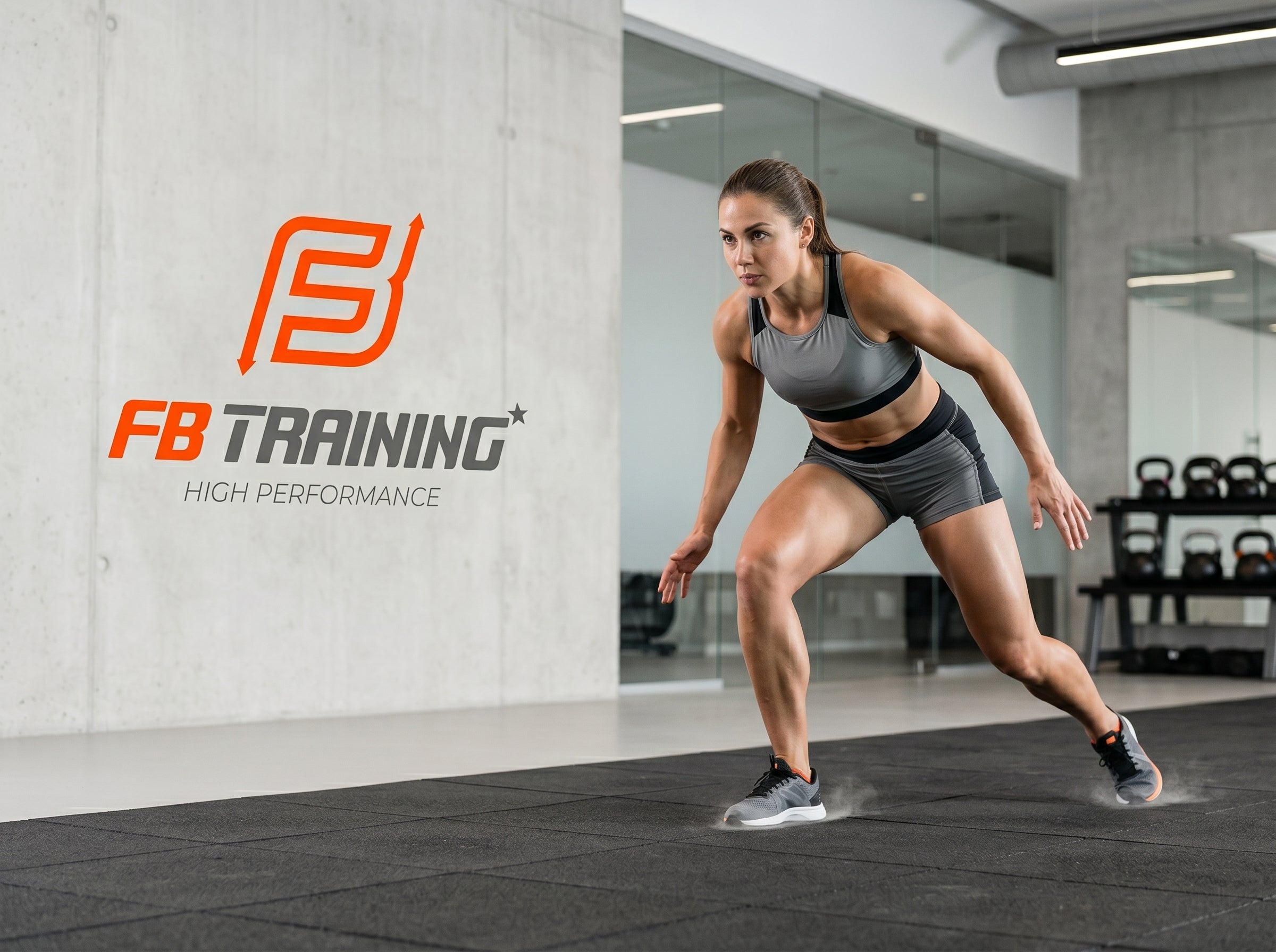 Atleta realizando un ejercicio de frenado o desaceleración en un gimnasio funcional durante un entrenamiento deportivo en FB Trainings.