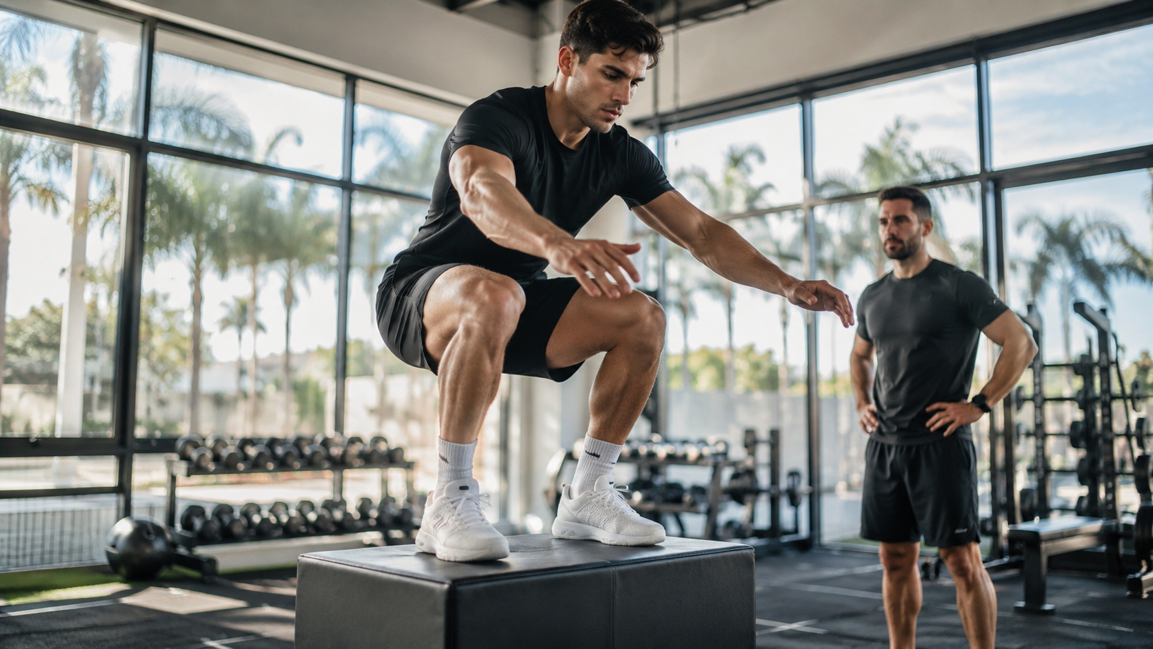 Deportista realizando un ejercicio pliométrico controlado en un gimnasio moderno con entrenador supervisando la técnica.