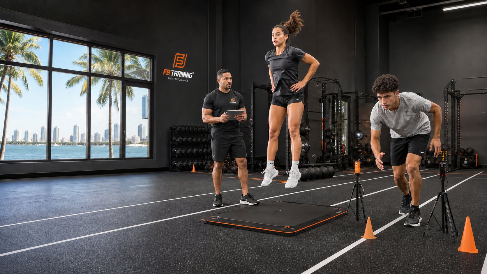 	 Deportistas jóvenes realizando pruebas de salto y aceleración durante una evaluación de rendimiento en FB Training Center Miami