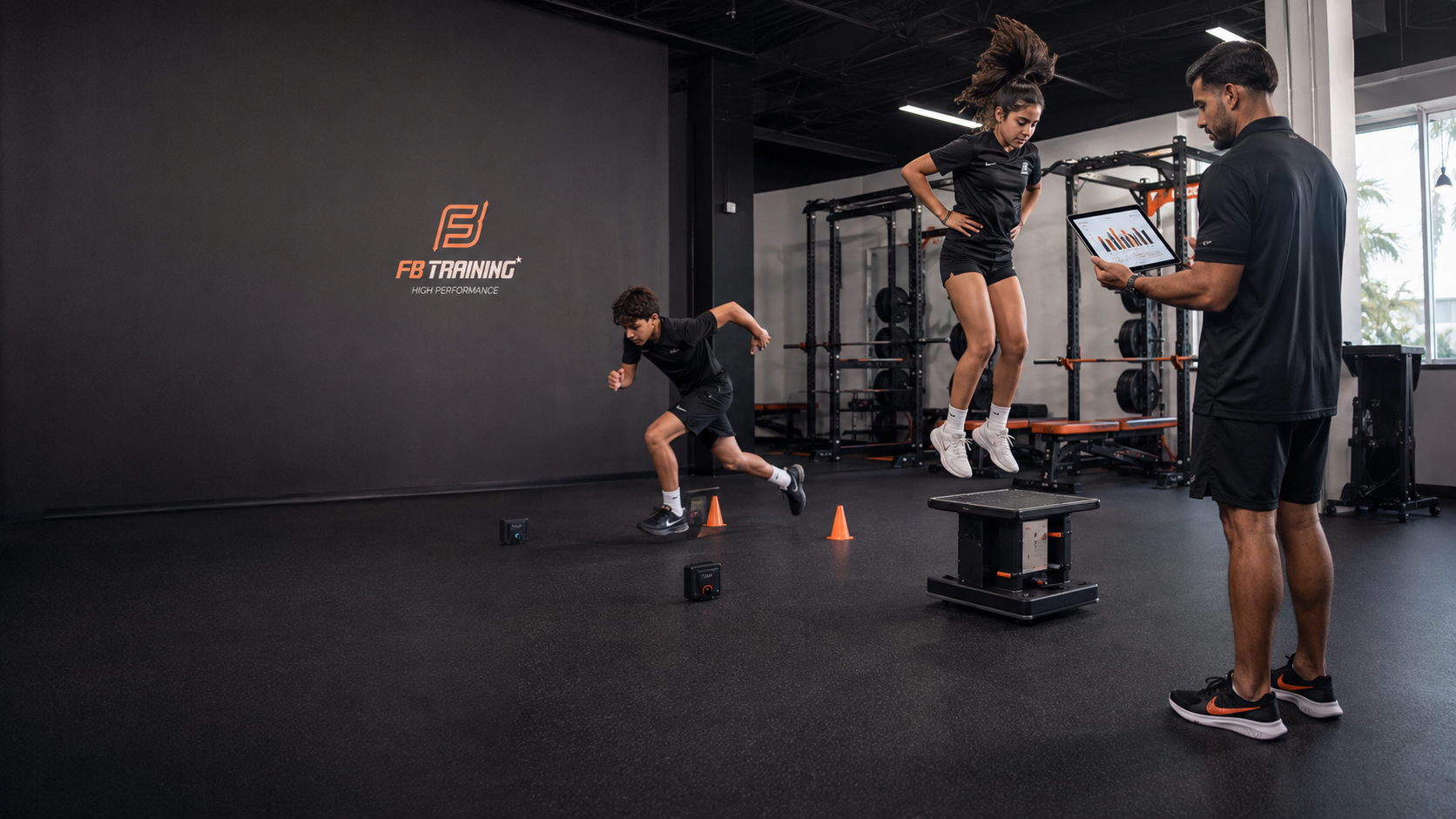 Entrenador comparando resultados de velocidad, salto y fuerza de dos deportistas jóvenes en FB Training Center Miami