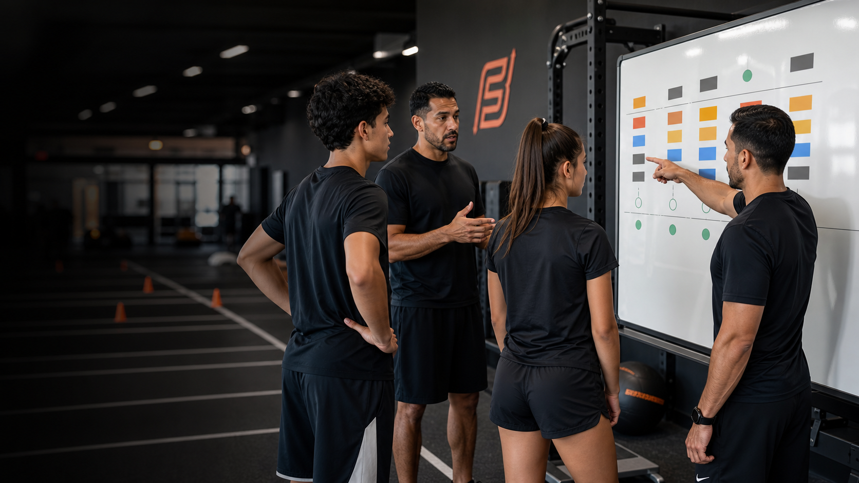 Entrenador de equipo y preparador físico coordinando la carga semanal de dos atletas jóvenes en Miami