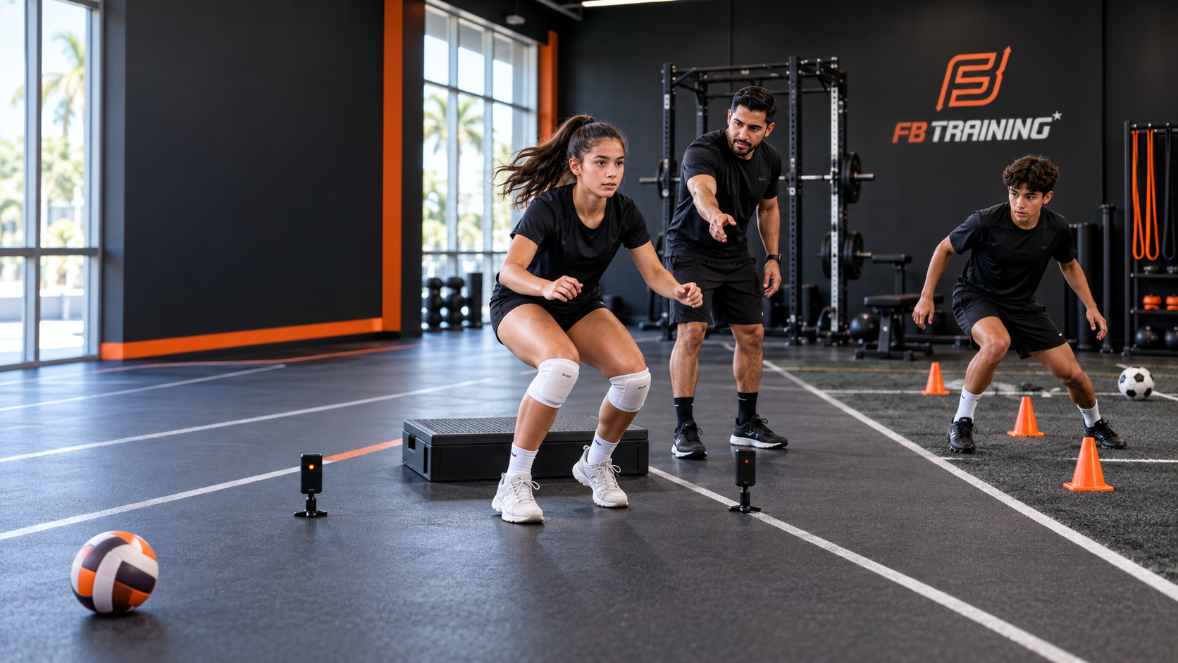 Entrenador supervisando el aterrizaje de una voleibolista joven y la frenada de un futbolista adolescente en FB Training Center Miami.