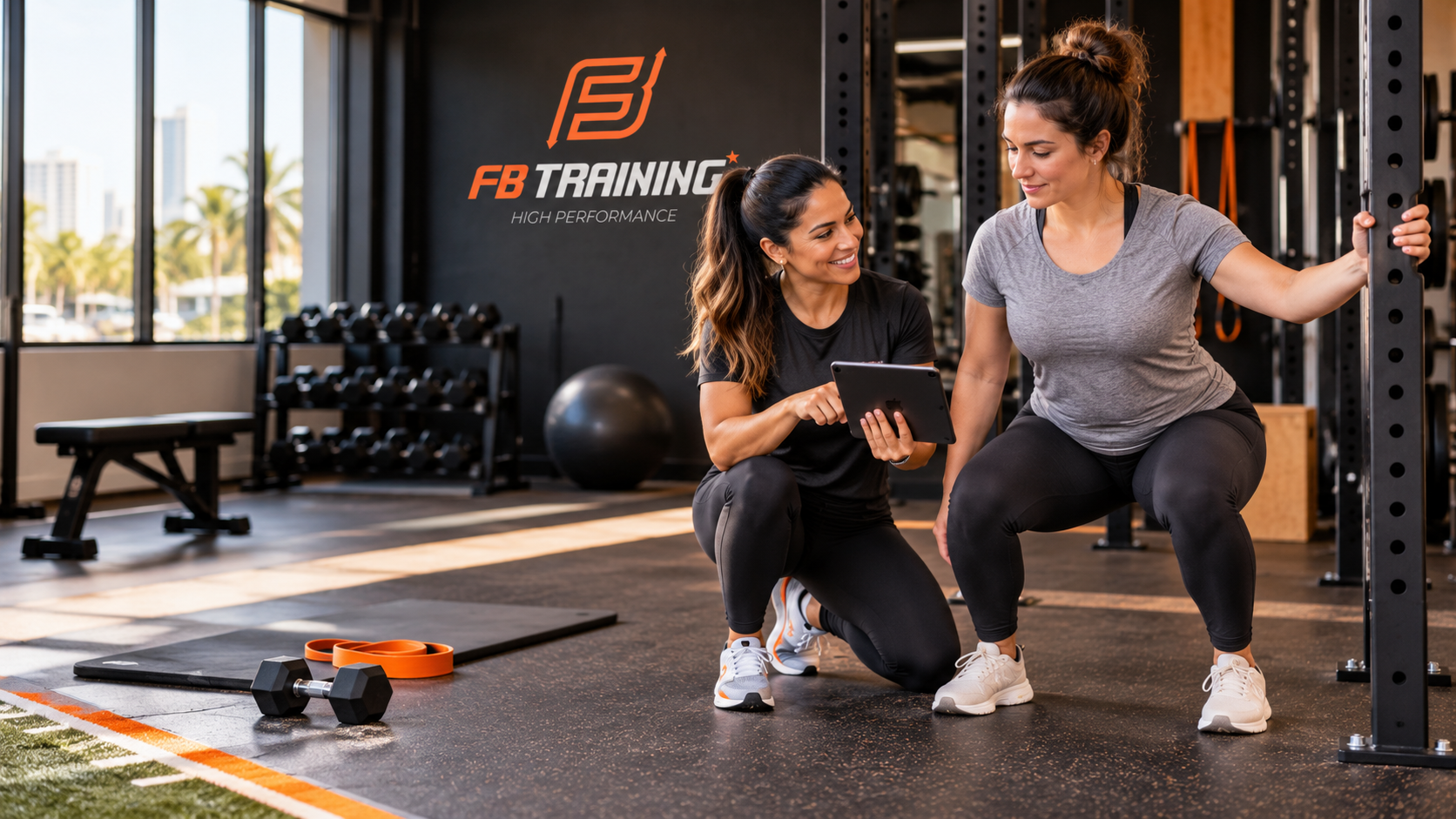 Alt text  Entrenadora revisando un plan progresivo de regreso al ejercicio con una madre en etapa posparto en FB Training Center Miami.