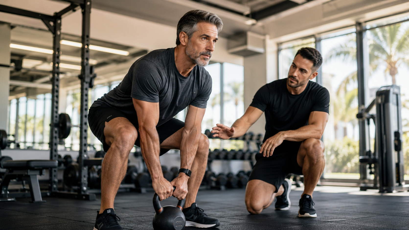 Adulto mayor de 40 años realizando entrenamiento de fuerza con guía profesional en un gimnasio moderno de Miami.