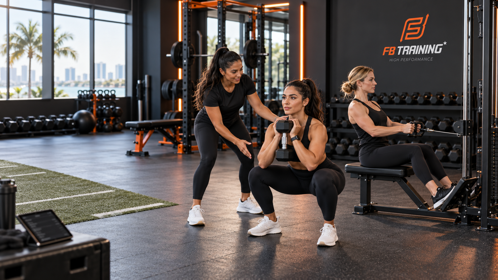 Female coach guiding two women through a controlled strength session without training every set to failure at FB Training Center in Miami.
