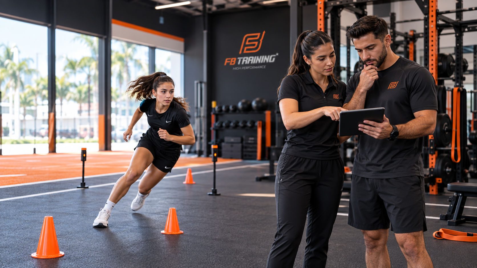 Fisioterapeuta y preparador físico coordinando el regreso progresivo al deporte de una atleta joven en FB Training Center Miami.