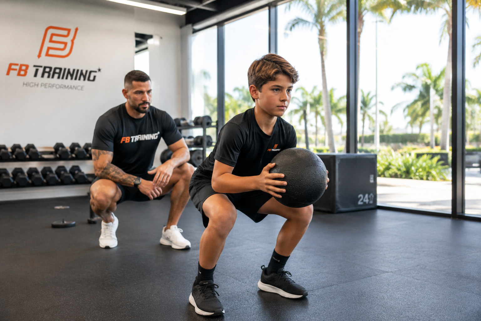 Niño entrenando fuerza de forma segura con supervisión profesional en gimnasio moderno de Miami.