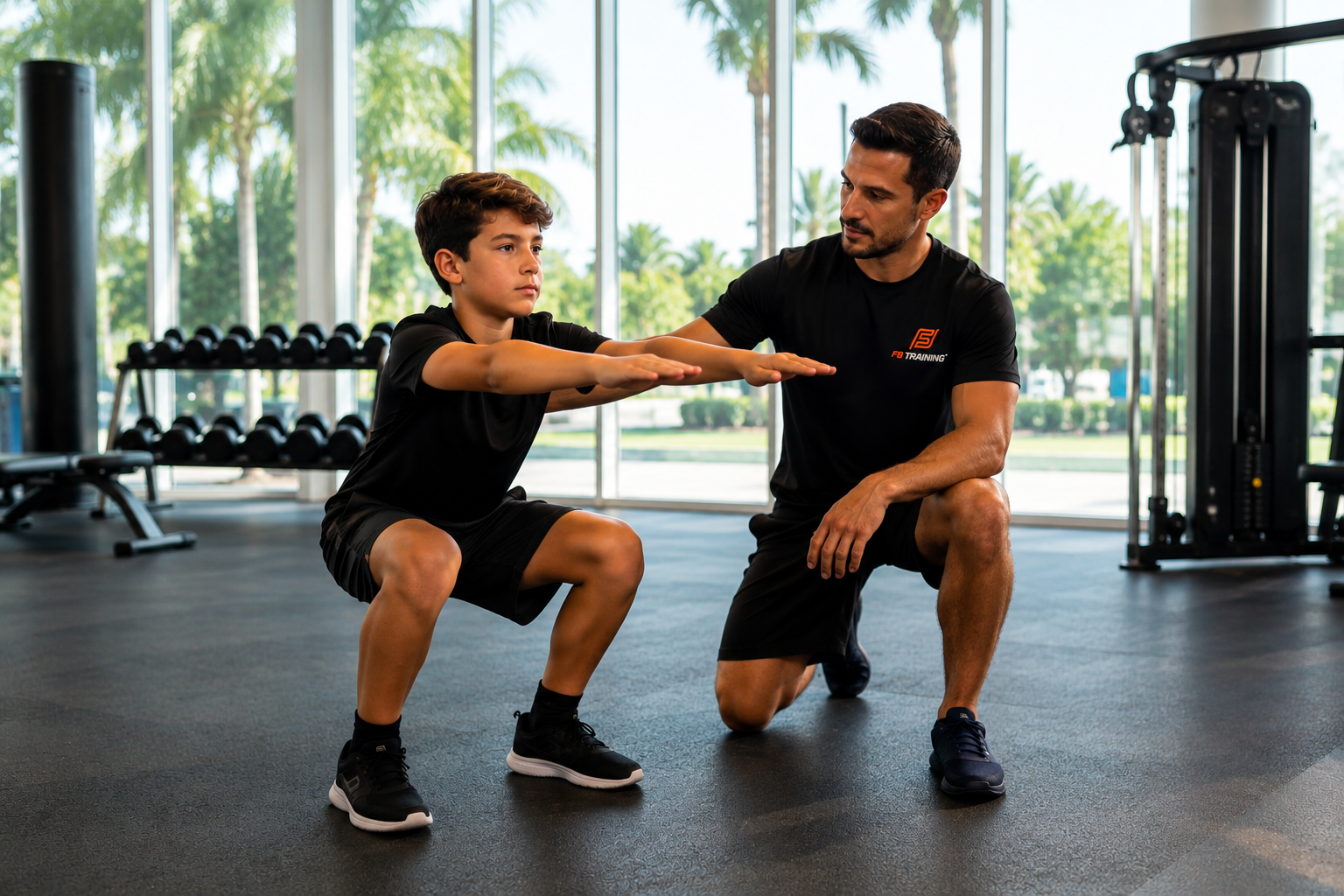 Niño entrenando fuerza de forma segura con supervisión profesional en gimnasio moderno, acompañado de hábitos saludables de sueño y nutrición para su crecimiento.
