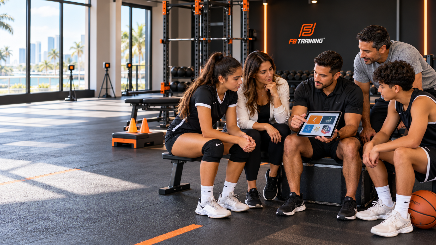 Padres conversando con un preparador físico sobre el plan de entrenamiento de dos deportistas jóvenes en un centro de Miami.