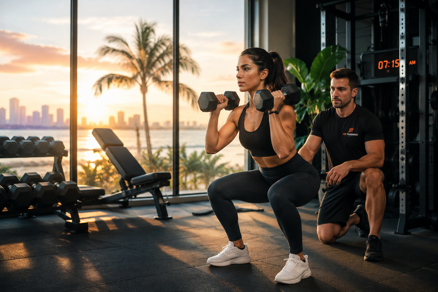 Persona entrenando fuerza en un gimnasio moderno en Miami, representando ciclos circadianos, higiene del sueño y pérdida de peso saludable.