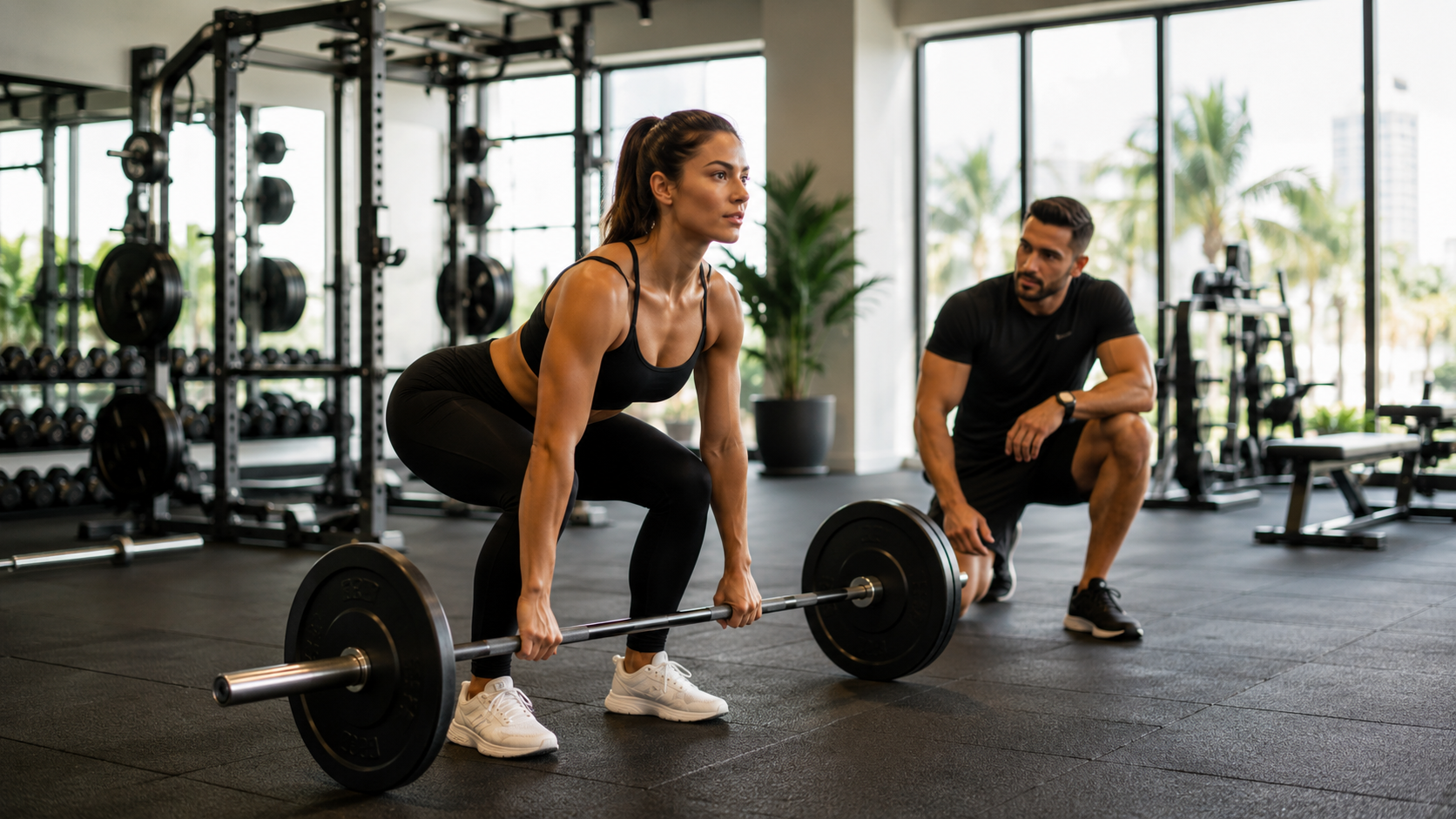 Persona entrenando fuerza para hipertrofia muscular con guía profesional en un gimnasio moderno de Miami.