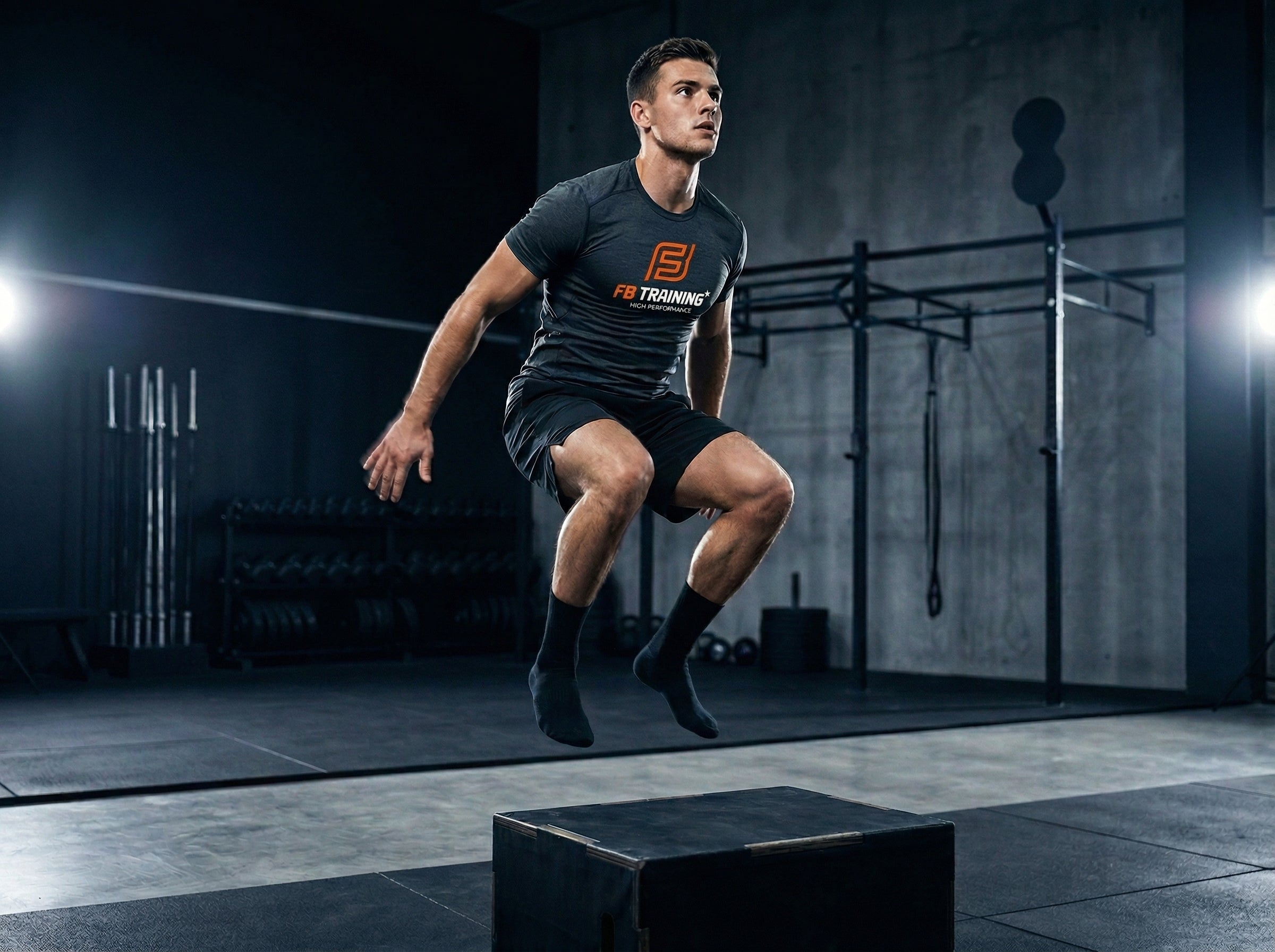 Atleta realizando ejercicio explosivo que combina fuerza y velocidad, demostrando cómo el entrenamiento de fuerza mejora la potencia y el rendimiento deportivo.