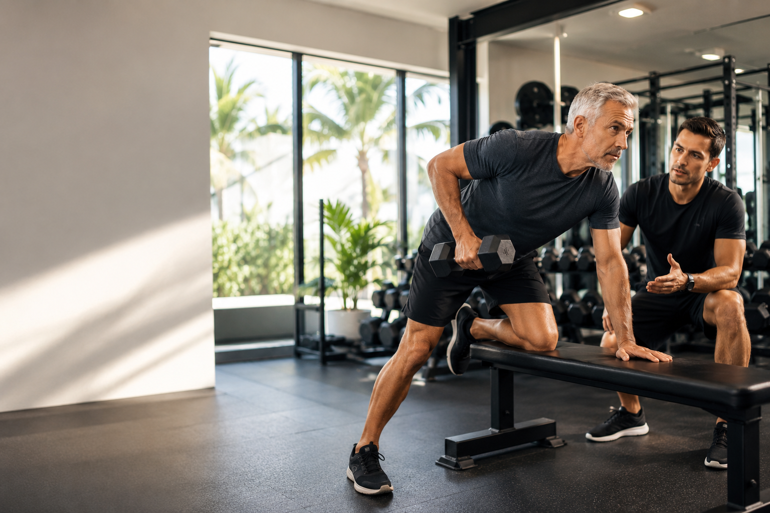 Adulto entrenando fuerza de forma segura con supervisión profesional para prevenir sarcopenia y mejorar la salud muscular en Miami.