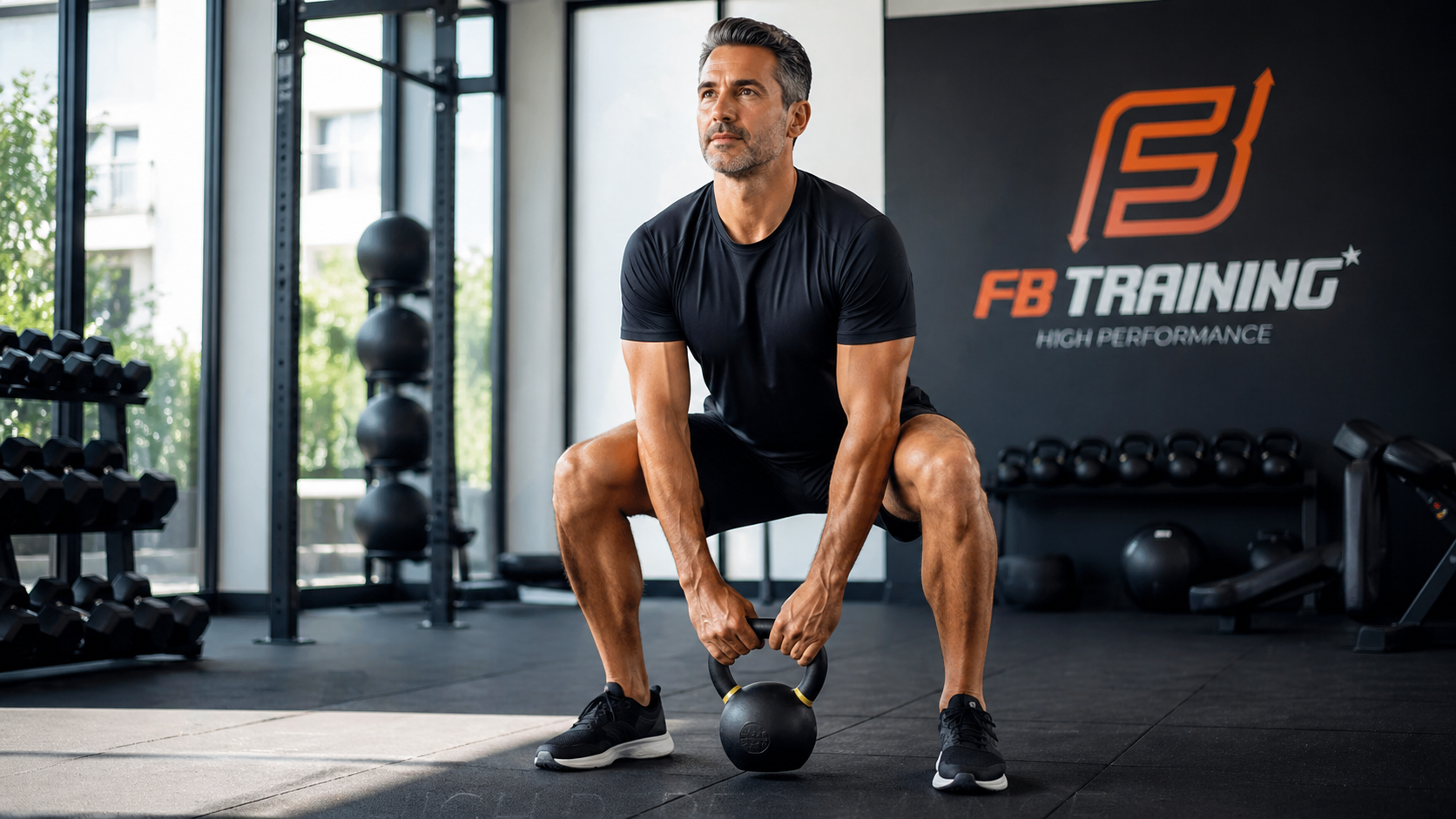 Adulto entrenando fuerza con mancuernas en un gimnasio profesional de FB Training en Miami.