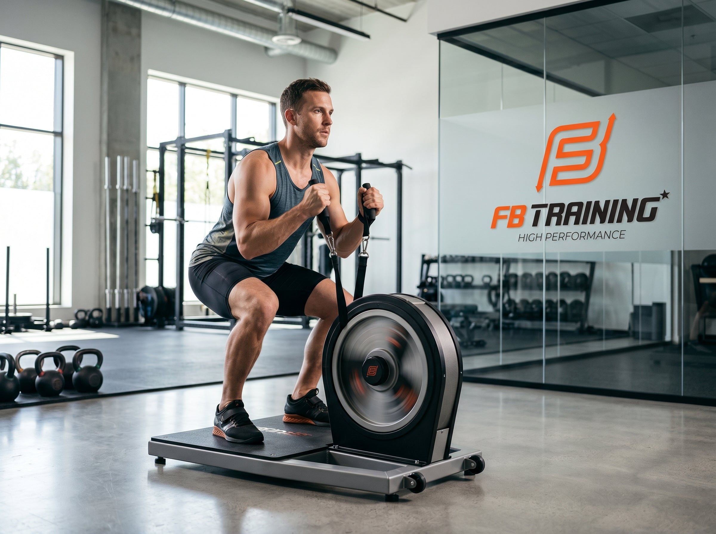 Persona entrenando con un dispositivo inercial en un gimnasio moderno de FB Trainings para mejorar fuerza, potencia y control corporal.